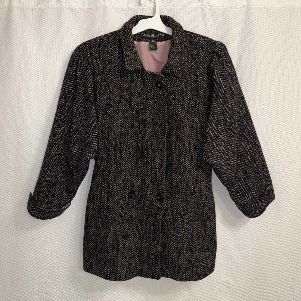 Vintage Casa De Lana Uruguay 100% Pure New Wool Herringbone Pink Lining Coat 16 - Picture 1 of 7